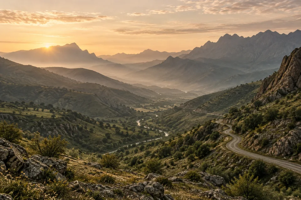 Conceptual landscape of a winding mountain road, olive valleys and layered ridges at dawn